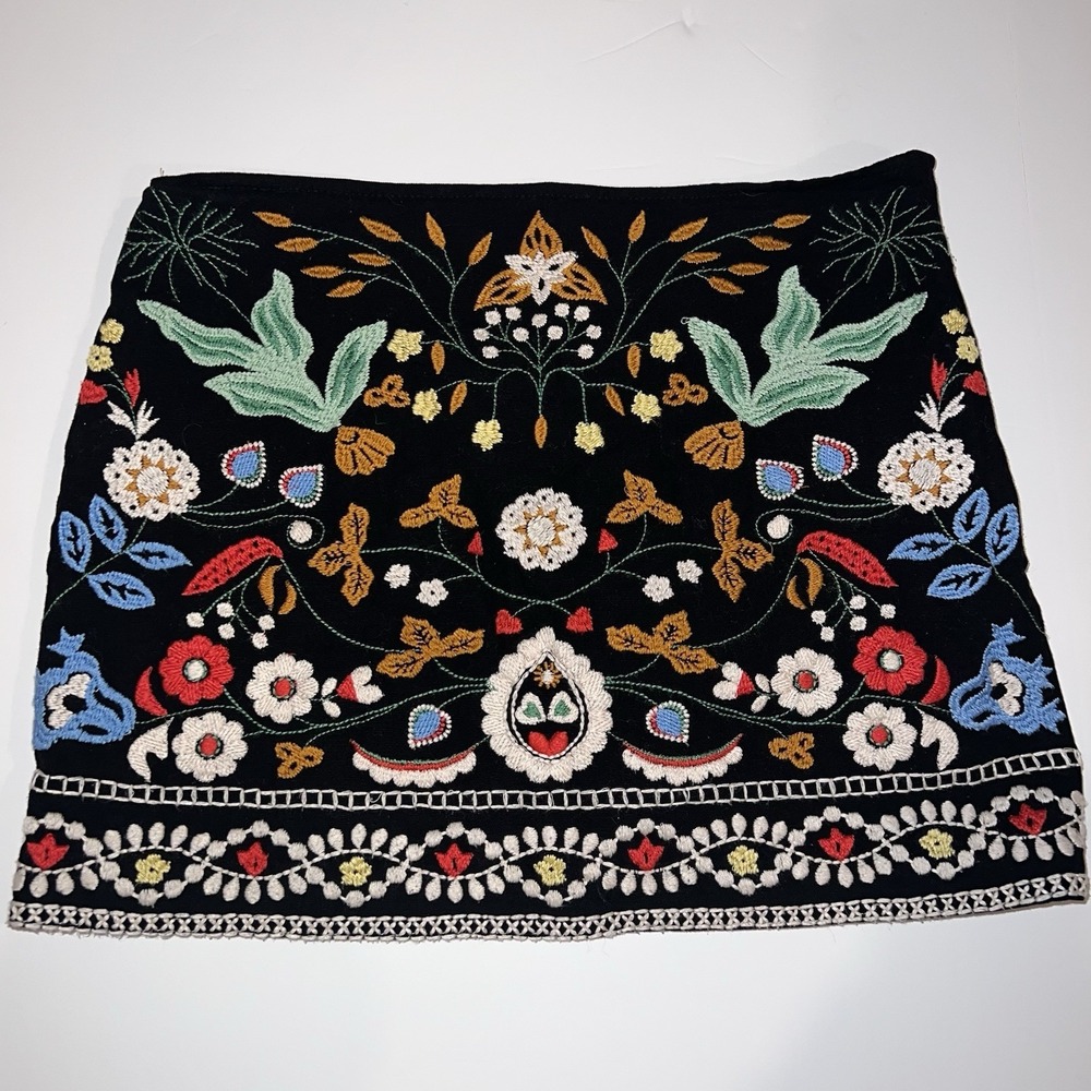 Zara Woman Mini Skirt Womens XS Black Excellent Floral Embroidered Boho Folk